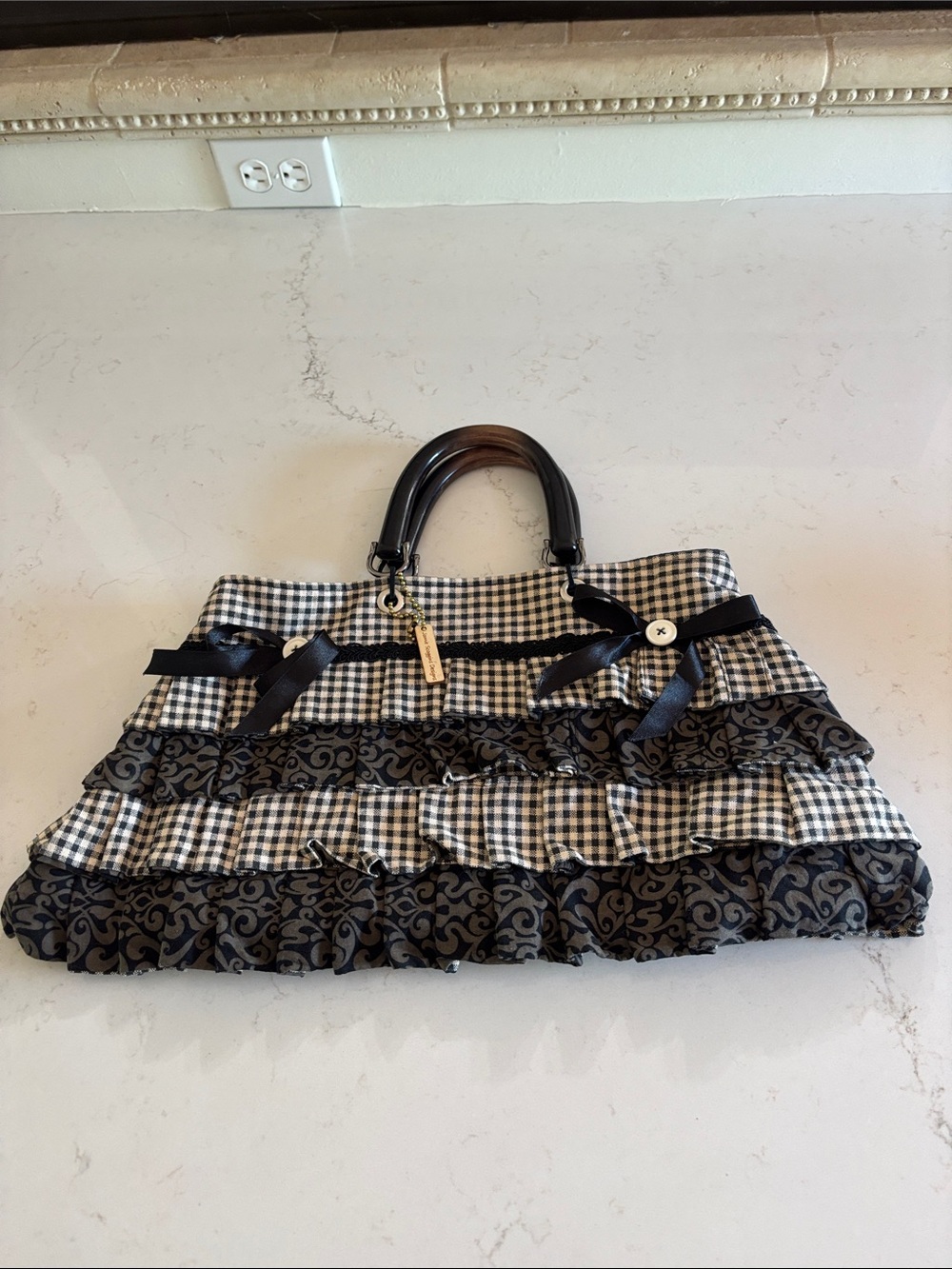 Black & White Gingham Ruffle Tote with Ribbon Accents